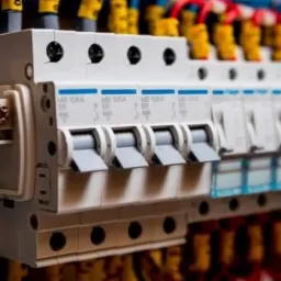 Szczegółowe ujęcie tablicy rozdzielczej z zamontowanymi bezpiecznikami automatycznymi typu MB 106A B6, z widocznymi przewodami w kolorach niebieskim, czerwonym i żółtym.