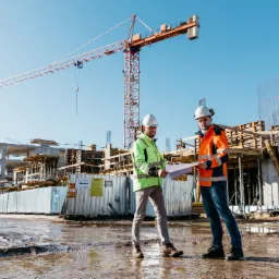 Dwóch mężczyzn w kaskach i odblaskowych kamizelkach omawia plany na placu budowy z żurawiem w tle, po deszczu.