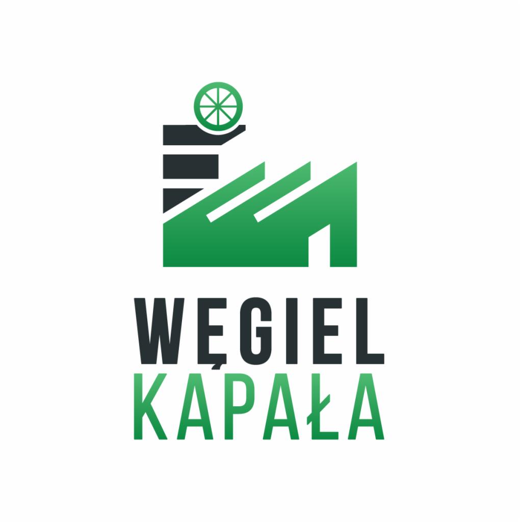 Logo firmy Węgiel Kapała przedstawiające stylizowaną fabrykę z kołem zębatym na kominie w kolorach czerni i zieleni.