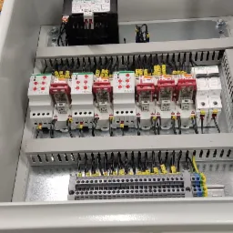 Wnętrze szarej szafy elektrycznej z zamontowanymi bezpiecznikami, przekaźnikami i listwami zaciskowymi, z podłączonymi przewodami oznaczonymi numerami, widok z góry, w tle narzędzia i puszka kawy.