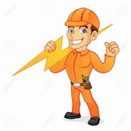 Karykatura elektryka w pomarańczowym kombinezonie i kasku trzymającego błyskawicę, z narzędziami przy pasie, pokazującego kciuk w górę na białym tle.