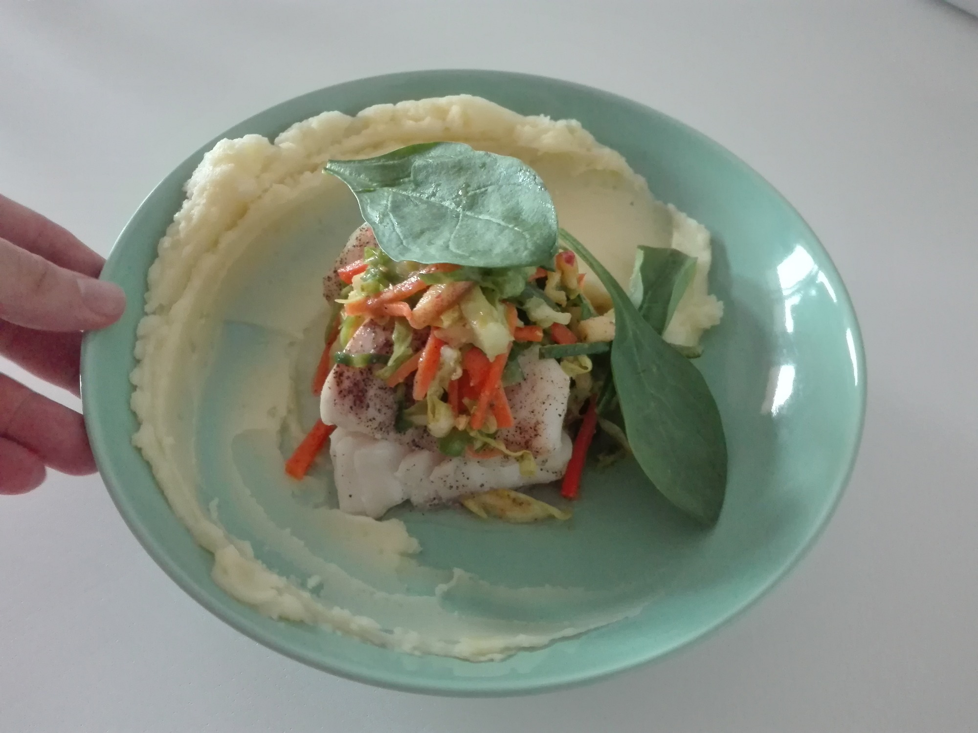 Danie z białej ryby, puree ziemniaczanym, warzywami i liśćmi szpinaku na turkusowym talerzu, trzymane przez dłoń.