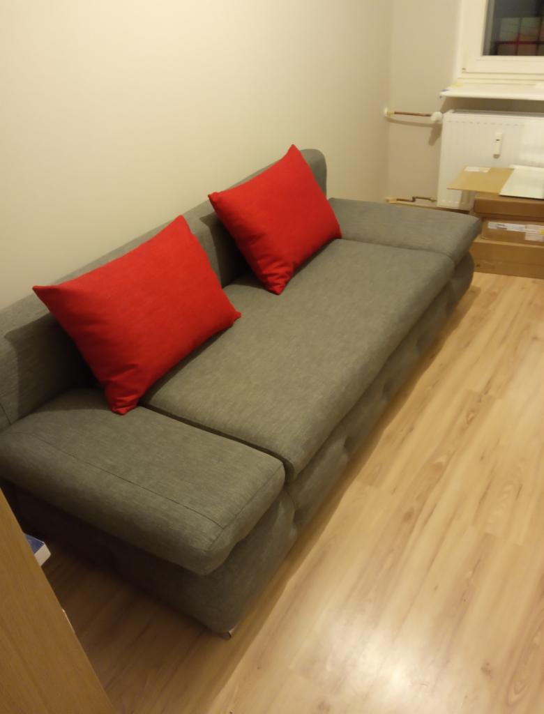 Szara sofa z dwoma czerwonymi poduszkami na drewnianej podłodze, widok z boku.