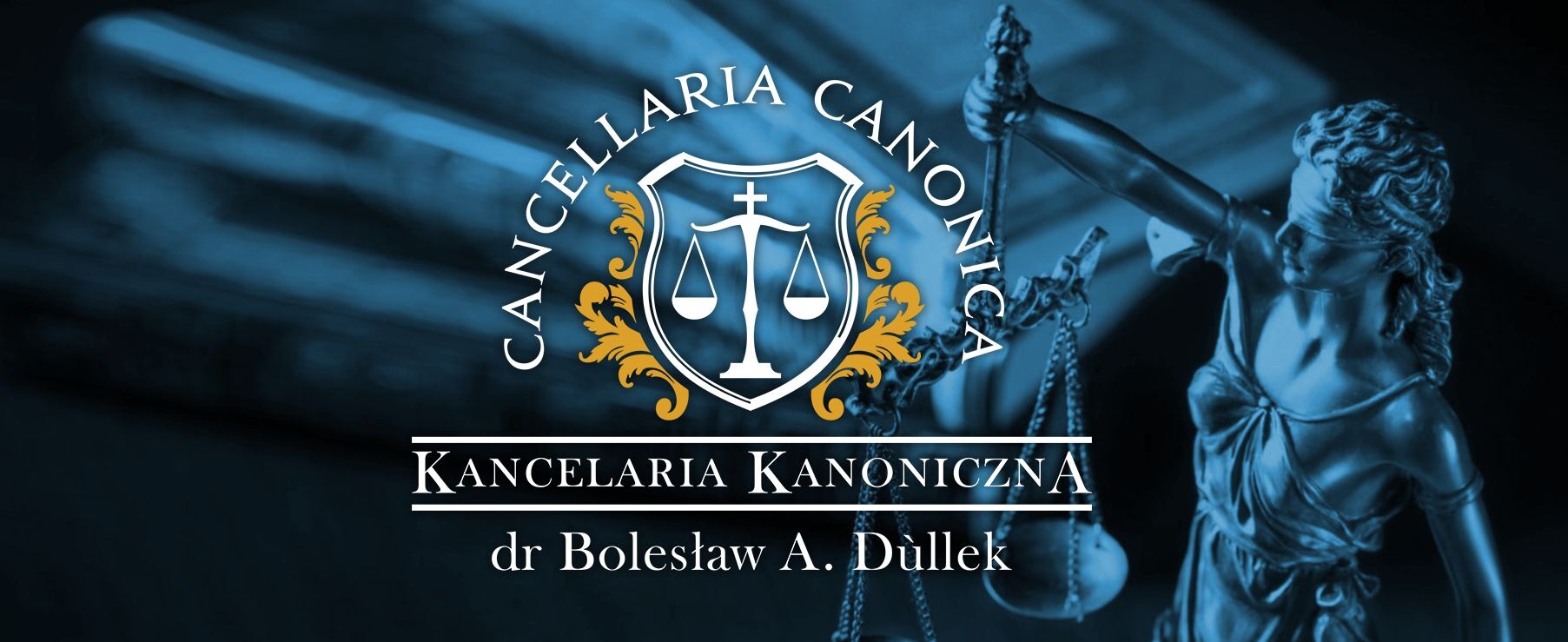 Logo Kancelarii Kanonicznej dr Bolesława A. Dùlleka z motywem Temidy w odcieniach błękitu i złota.