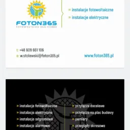 Wizytówka firmy Foton365 z ofertą instalacji fotowoltaicznych, elektrycznych, odgromowych i alarmowych oraz usługami przyłączy, pomiarów, przeglądów i dozoru.