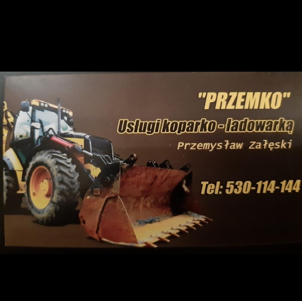 Wizytówka firmy oferującej usługi koparko-ładowarką, z ilustracją maszyny i danymi kontaktowymi.