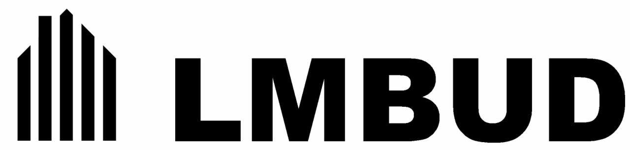Czarne logo LMBUD z motywem pięciu pionowych, różnej wysokości prostokątów tworzących kształt domu, na białym tle.