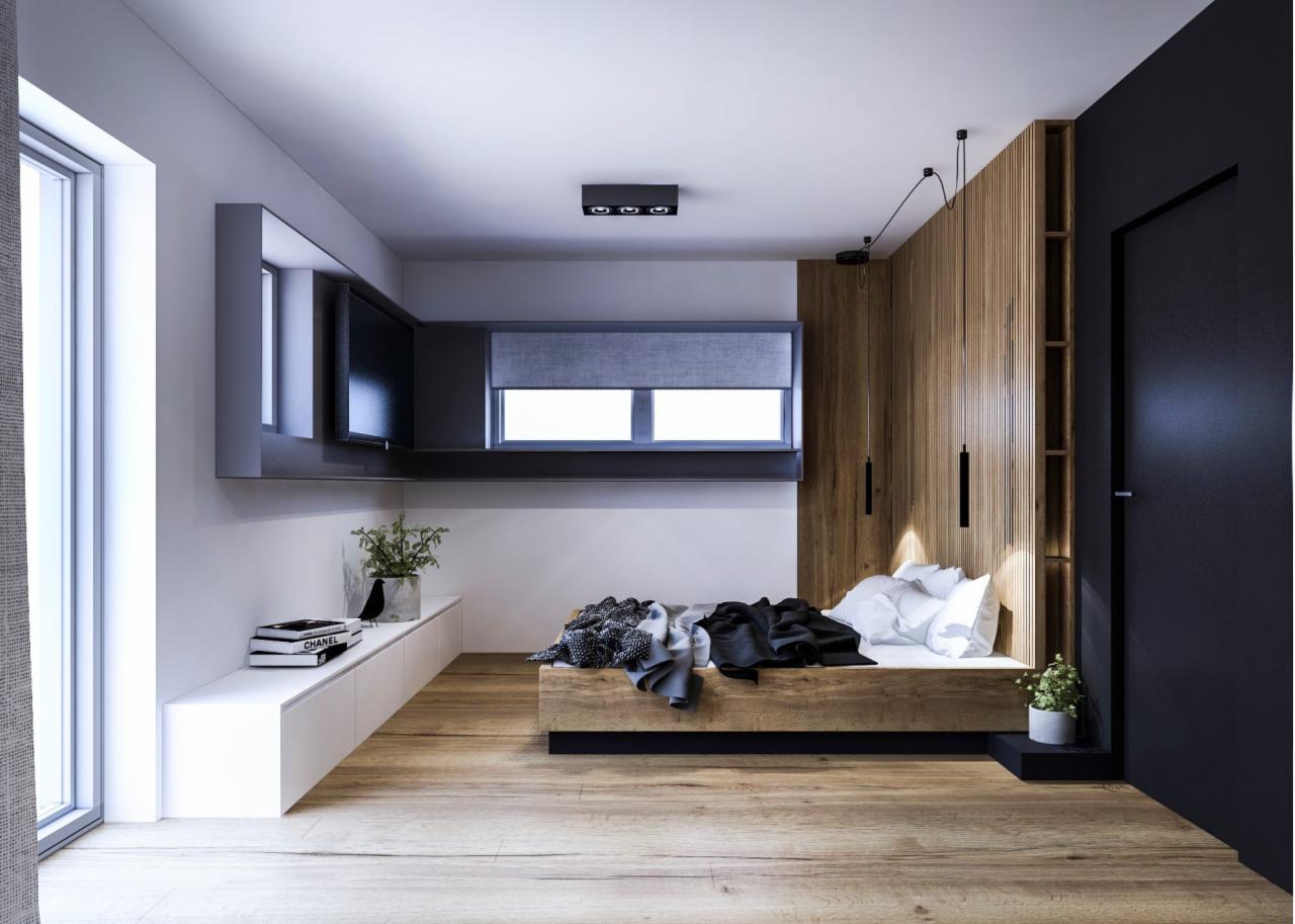 Nowoczesna sypialnia z drewnianą podłogą, łóżkiem na niskim podeście i ścianą z paneli drewnianych, minimalistyczne oświetlenie punktowe i zawieszone lampy, szara zabudowa pod oknem z telewizorem...
