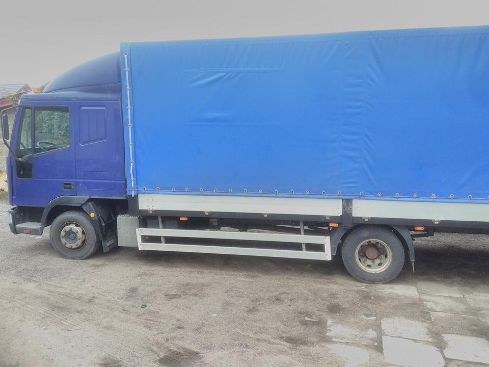 Niebieska ciężarówka z plandeką na szarym podłożu, widok z boku, oświetlenie dzienne.