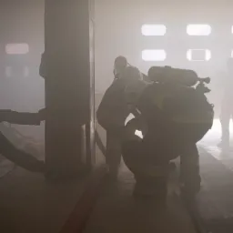 Zadymiony magazyn, strażacy w hełmach i z butlami tlenowymi, jeden z nich kuca przy ścianie, w tle brama magazynu z oknami.