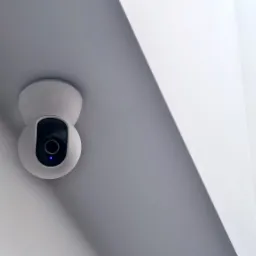 Biała kamera IP zamontowana na suficie, widoczna niebieska dioda sygnalizacyjna, kadr z bliska, jasne tło.