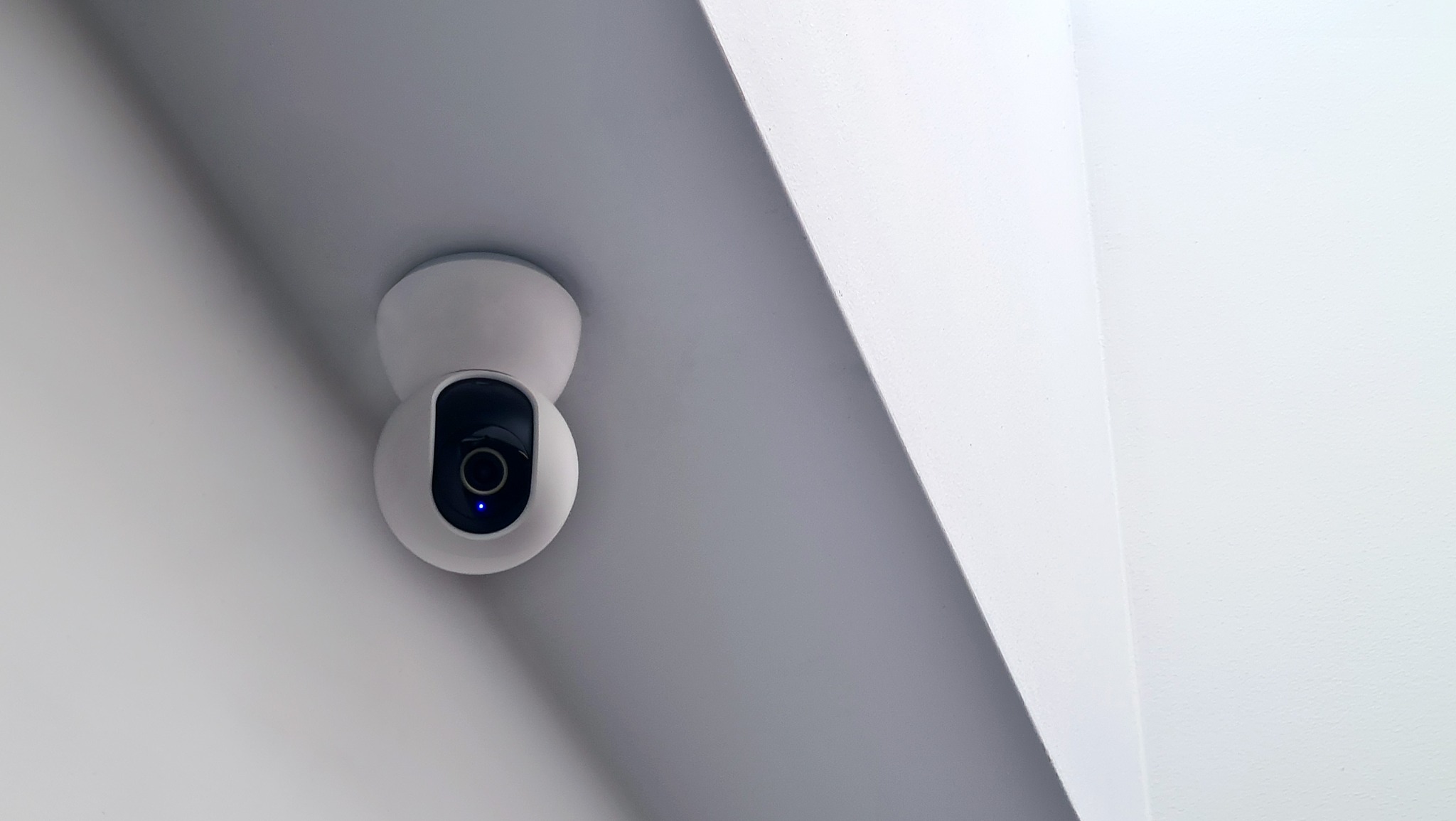 Biała kamera IP zamontowana na suficie, widoczna niebieska dioda sygnalizacyjna, kadr z bliska, jasne tło.