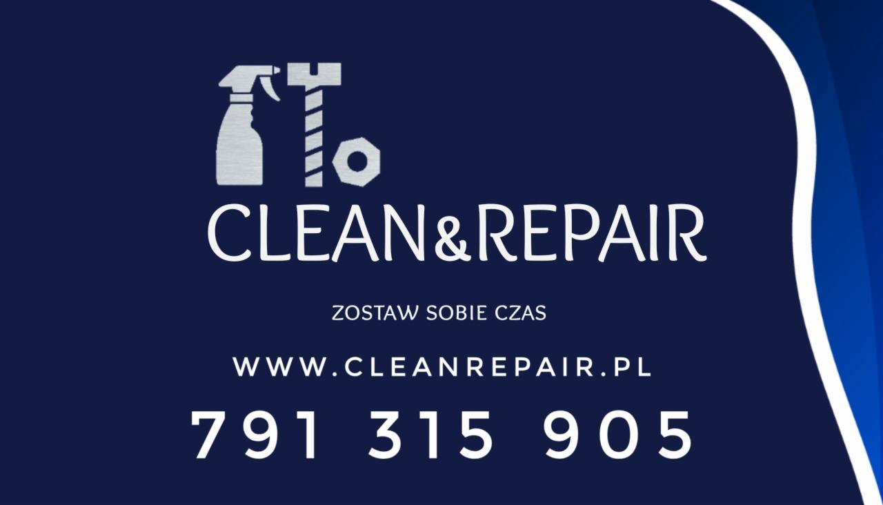 Logo firmy Clean&Repair z ikonami spryskiwacza i śruby, sloganem 'Zostaw sobie czas', adresem strony internetowej i numerem telefonu na granatowym tle z niebieskim gradientem po prawej stronie.
