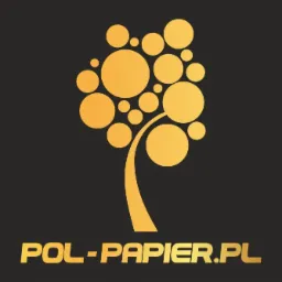 Złote logo firmy POL-PAPIER.PL na czarnym tle, przedstawiające stylizowane drzewo z okrągłych elementów.