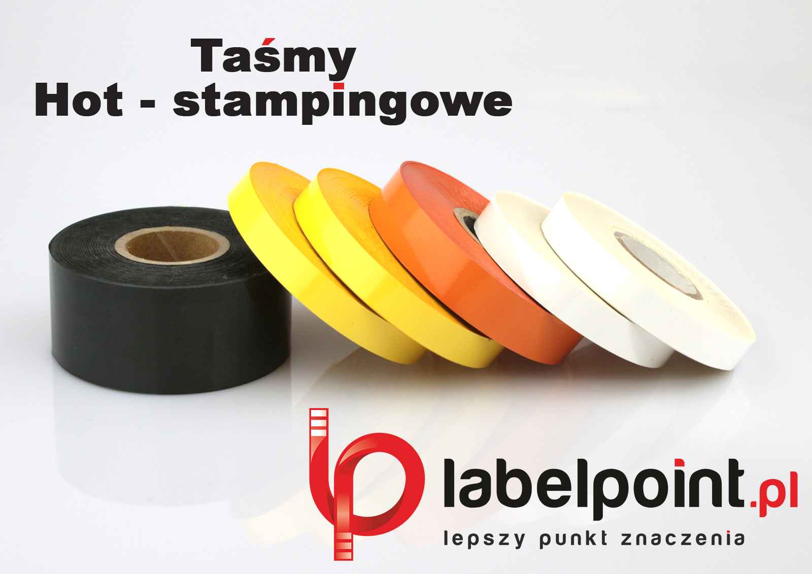 Rolki taśmy termotransferowej w kolorach czarnym, żółtym, pomarańczowym i białym, ułożone na białym tle, obok logo Labelpoint.pl.