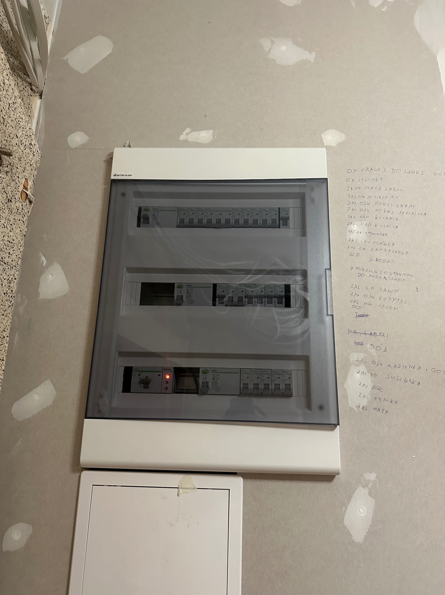 Rozdzielnica elektryczna z opisami obwodów na ścianie, widoczne zabezpieczenia i wyłączniki. Ściana przygotowana do malowania, widoczne ślady po szpachlowaniu.