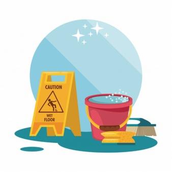 Żółty znak ostrzegawczy 'Uwaga! Mokra podłoga', czerwone wiadro z pianą, gąbka i szczotka na niebieskim tle.