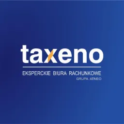 Logo firmy Taxeno, eksperckie biura rachunkowe Grupa Atneo, biały napis na niebieskim tle z pomarańczowym akcentem.