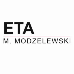 Logo firmy ETA M. Modzelewski z ciemnym tekstem na białym tle, z poziomą linią pod skrótem ETA.