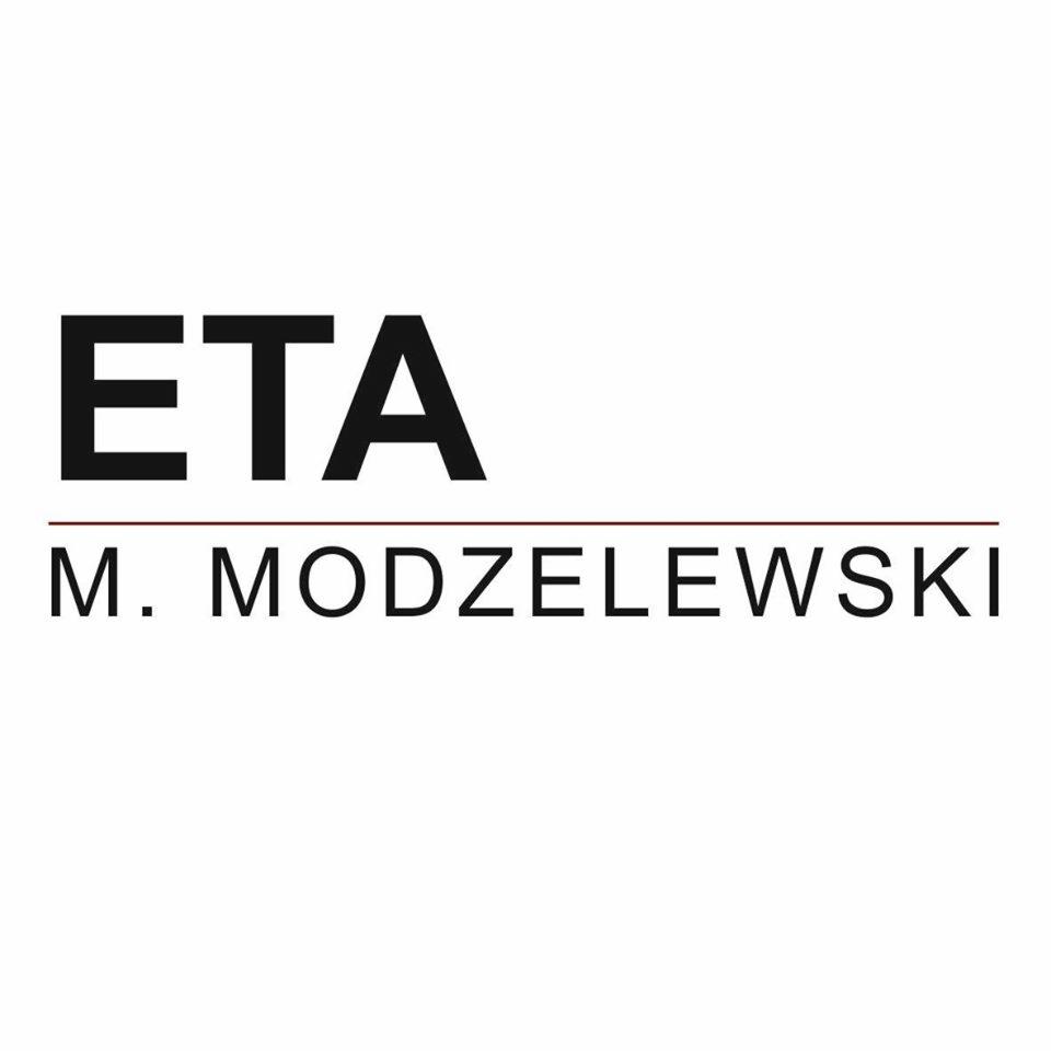 Logo firmy ETA M. Modzelewski z ciemnym tekstem na białym tle, z poziomą linią pod skrótem ETA.