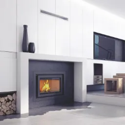 Nowoczesny kominek z paleniskiem w minimalistycznym salonie z białymi szafkami, telewizorem i dekoracyjnymi wazonami.