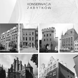 Czarno-biała kompozycja zdjęć zabytkowych budynków z logo firmy ARTE Konserwacja Zabytków. Ukazane różne detale architektoniczne i style budynków w Toruniu.