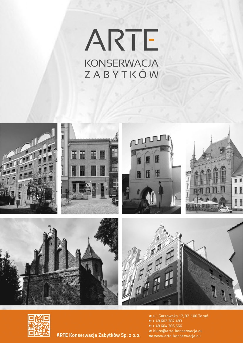 Czarno-biała kompozycja zdjęć zabytkowych budynków z logo firmy ARTE Konserwacja Zabytków. Ukazane różne detale architektoniczne i style budynków w Toruniu.