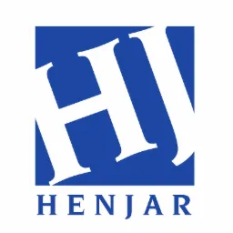Logo firmy Henjar: białe litery HJ na niebieskim kwadracie, poniżej nazwa firmy w kolorze niebieskim.