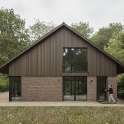 Moduu Magdalena Rosowska - Nowoczesny dom z dwuspadowym dachem i elewacją z cegły oraz drewna, otoczony zielenią. Osoba wchodzi do budynku przez przeszklone drzwi.