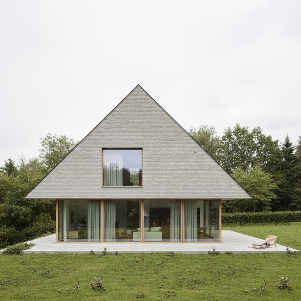 Nowoczesny dom o trójkątnym kształcie z szarą elewacją i dużymi oknami, otoczony zielenią. Na tarasie leżak. Minimalistyczny design i naturalne otoczenie.