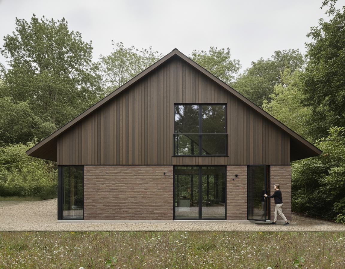 Nowoczesny dom z dwuspadowym dachem i elewacją z cegły oraz drewna, otoczony zielenią. Osoba wchodzi do budynku przez przeszklone drzwi.