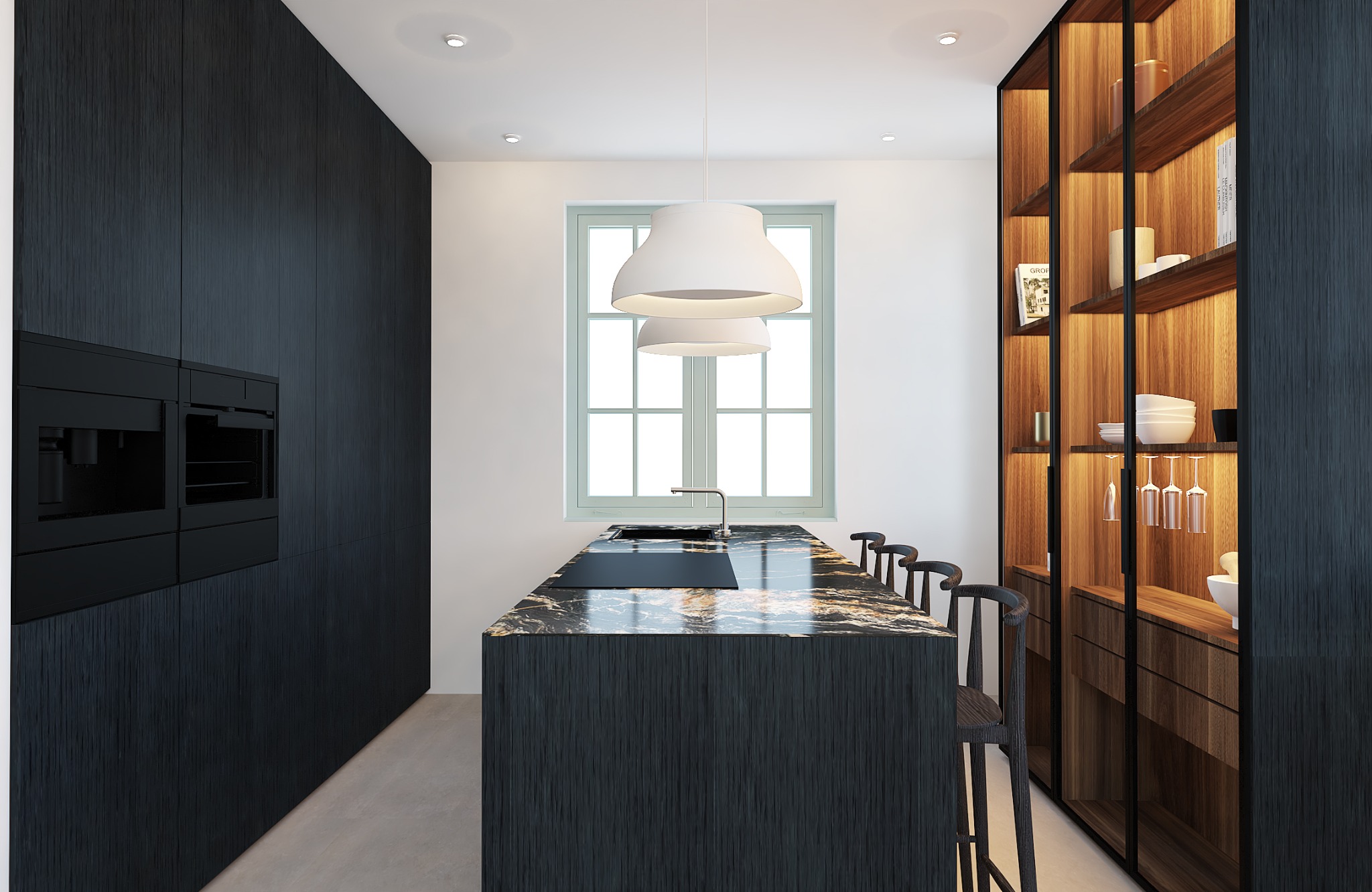 Nowoczesna kuchnia z czarnymi szafkami, marmurowym blatem wyspy i oświetloną witryną. Minimalistyczny design z akcentami drewna i naturalnego światła.