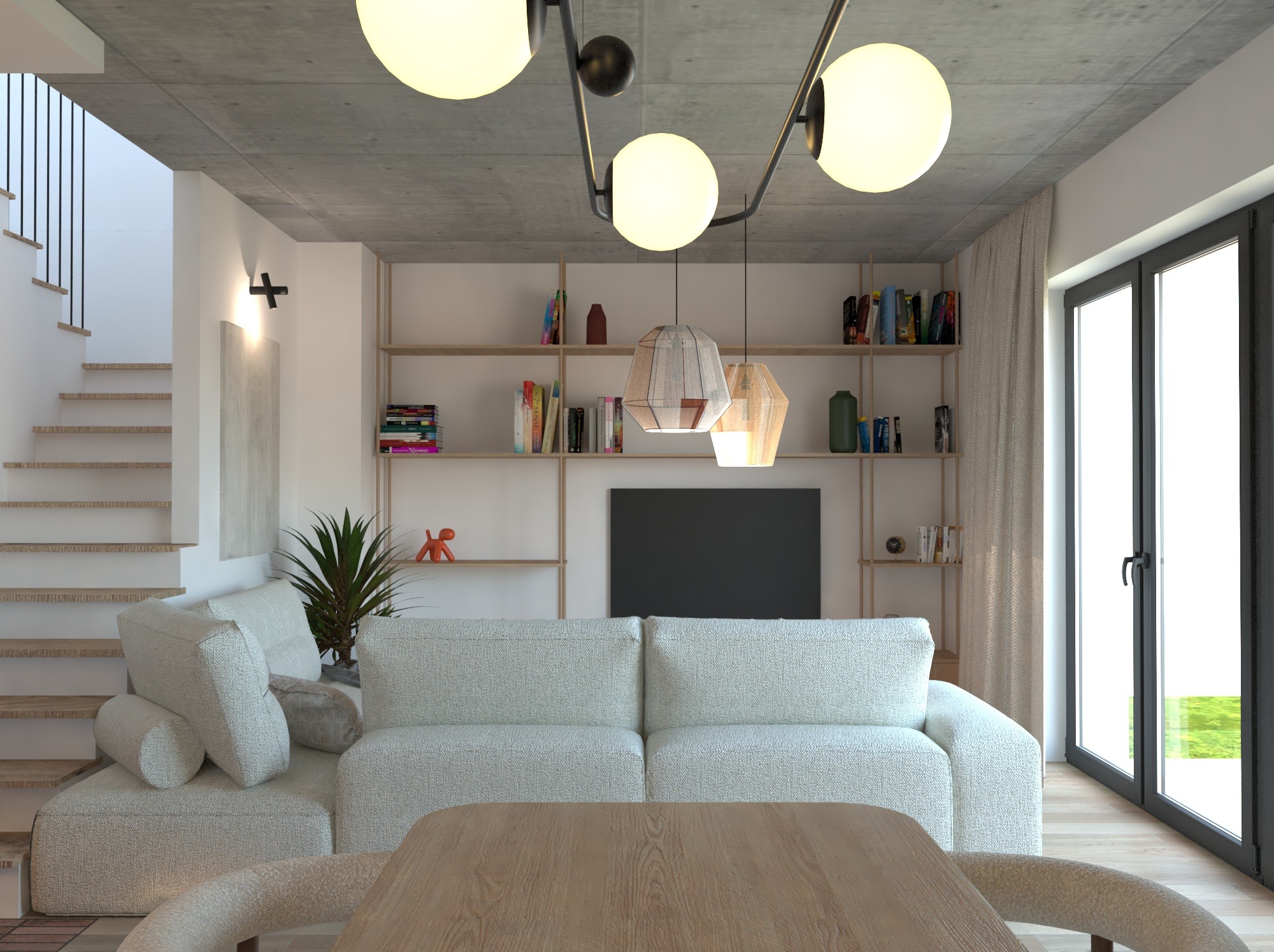Jasne wnętrze salonu z sofą, drewnianym stołem i regałami z książkami. Nowoczesne oświetlenie, schody i duże okno dopełniają aranżację. Betonowy sufit dodaje surowego charakteru.