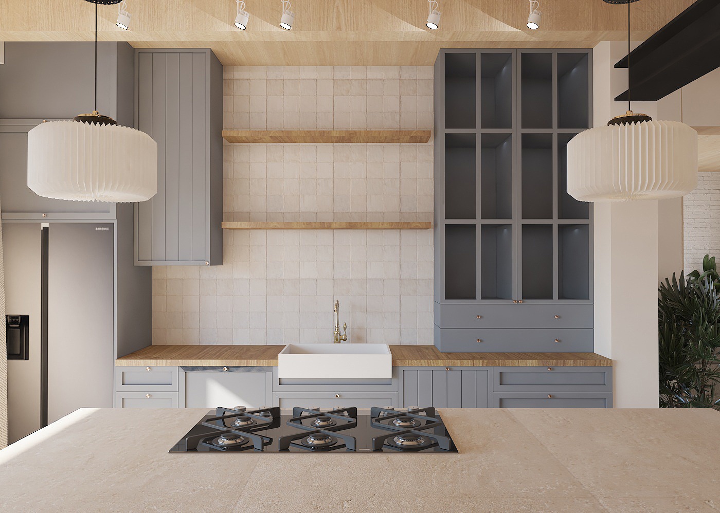 Szara kuchnia z drewnianymi blatami i białymi akcentami. Widoczna płyta grzewcza na pierwszym planie, szafki, półki i oświetlenie punktowe. Nowoczesny design.