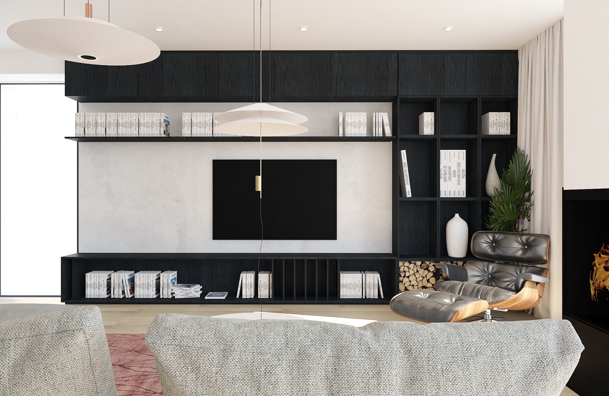 Nowoczesny salon z czarną zabudową meblową, półkami z książkami i minimalistycznym oświetleniem. Fotel Eames Lounge Chair dodaje elegancji. Widok zza sofy.
