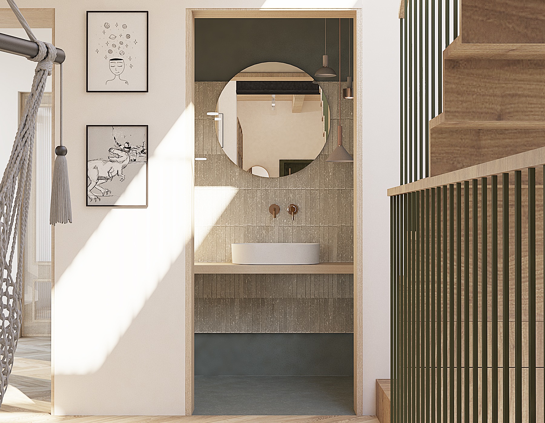 Nowoczesna łazienka z okrągłym lustrem, umywalką nablatową i minimalistycznymi lampami wiszącymi. Uwagę przykuwają grafiki na ścianie i drewniane elementy schodów.