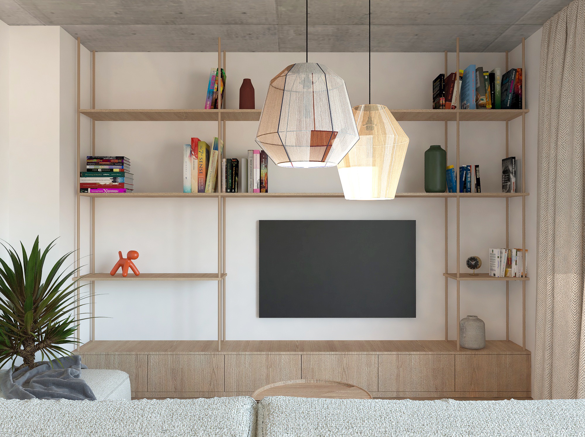 Nowoczesny salon z drewnianym regałem, telewizorem i lampami wiszącymi. Na półkach książki, dekoracje i roślina doniczkowa. Widok z perspektywy sofy z poduszkami.