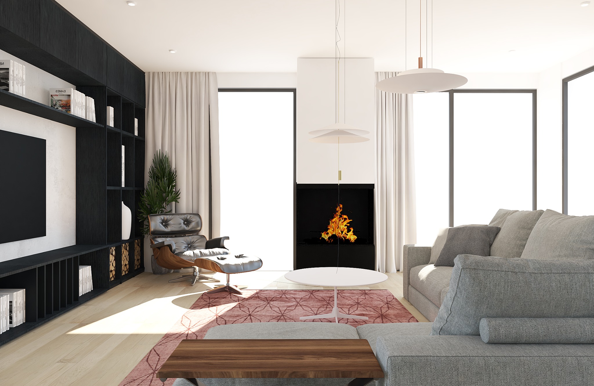 Jasne wnętrze salonu z kominkiem, szarą sofą i fotelami. Na podłodze wzorzysty dywan. Minimalistyczne lampy wiszące. Czarna zabudowa ściany z półkami i TV.