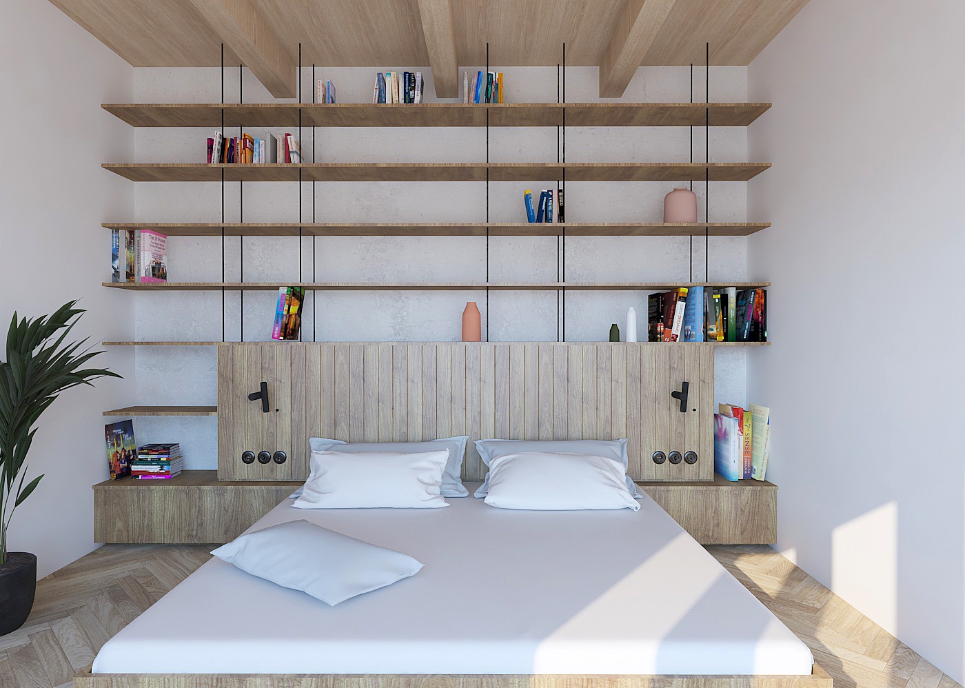Nowoczesna sypialnia z drewnianym zagłówkiem, półkami na książki zawieszonymi na czarnych prętach i parkietem w jodełkę. Minimalistyczny design z rośliną doniczkową.