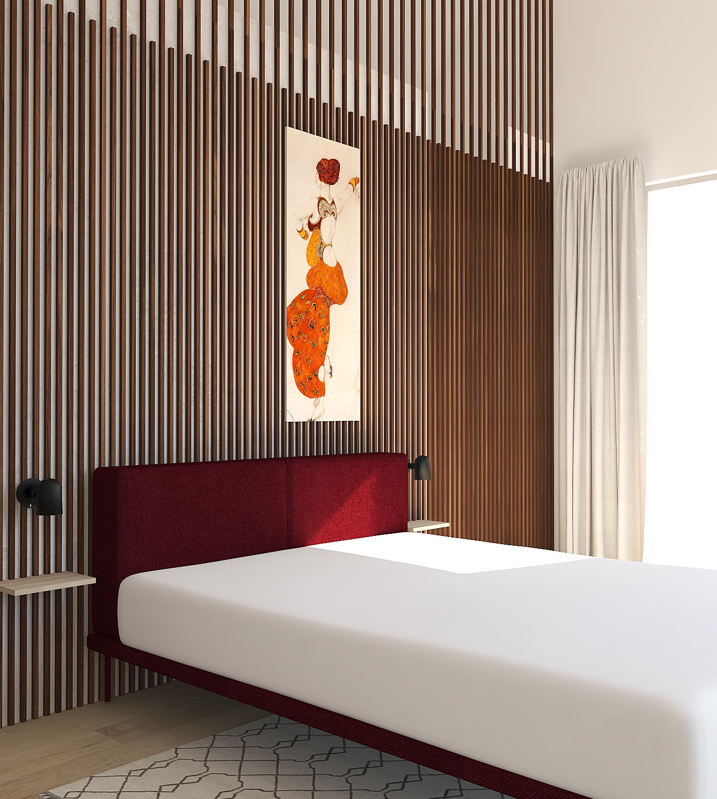 Nowoczesna sypialnia z burgundowym łóżkiem na tle ściany z drewnianych listew i obrazu w stylu secesyjnym. Minimalistyczne lampki nocne i jasne zasłony.