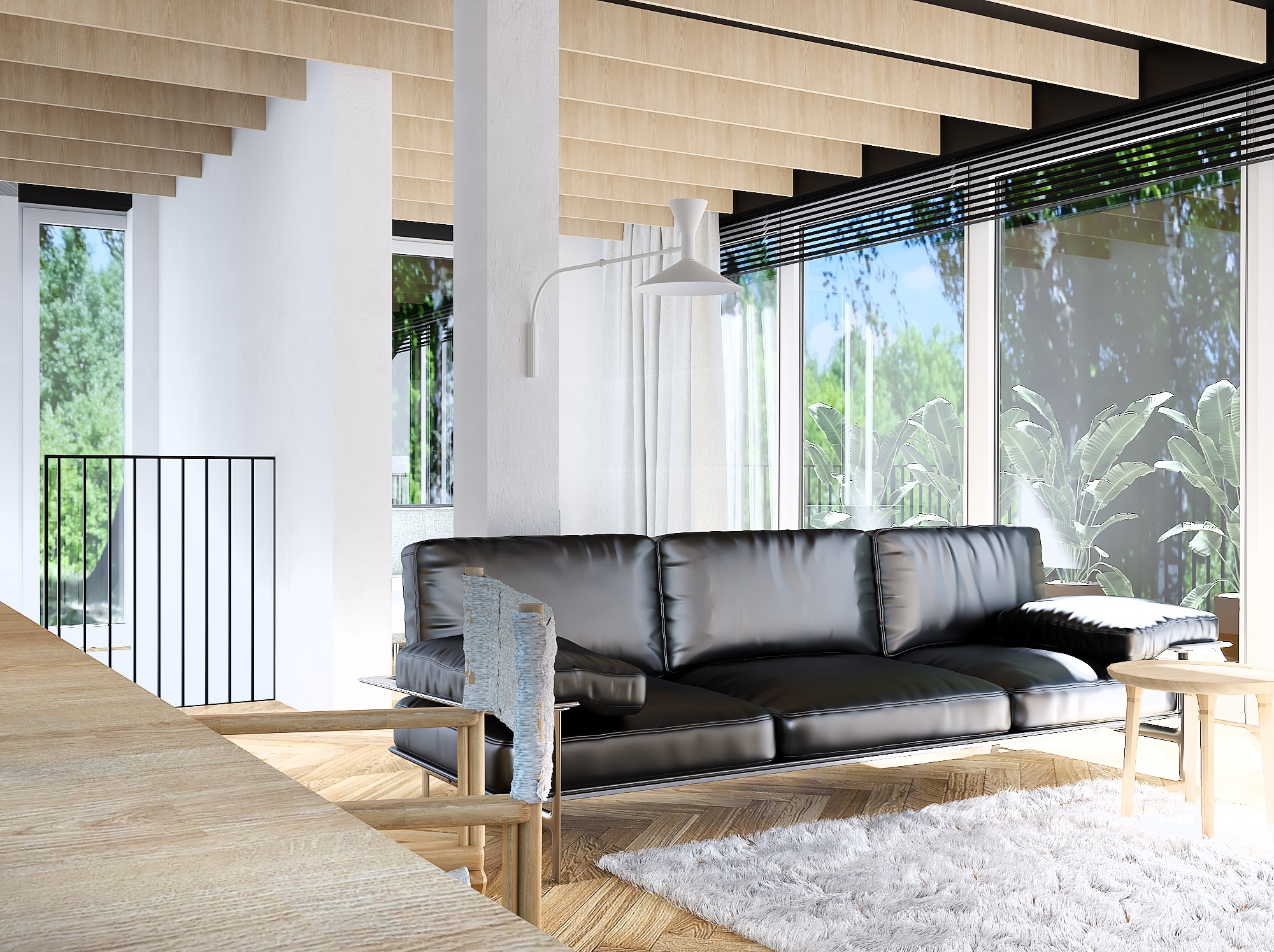 Jasne wnętrze z drewnianym sufitem i parkietem w jodełkę. Czarna skórzana sofa na tle okien z widokiem na zieleń. Minimalistyczny design, naturalne światło.