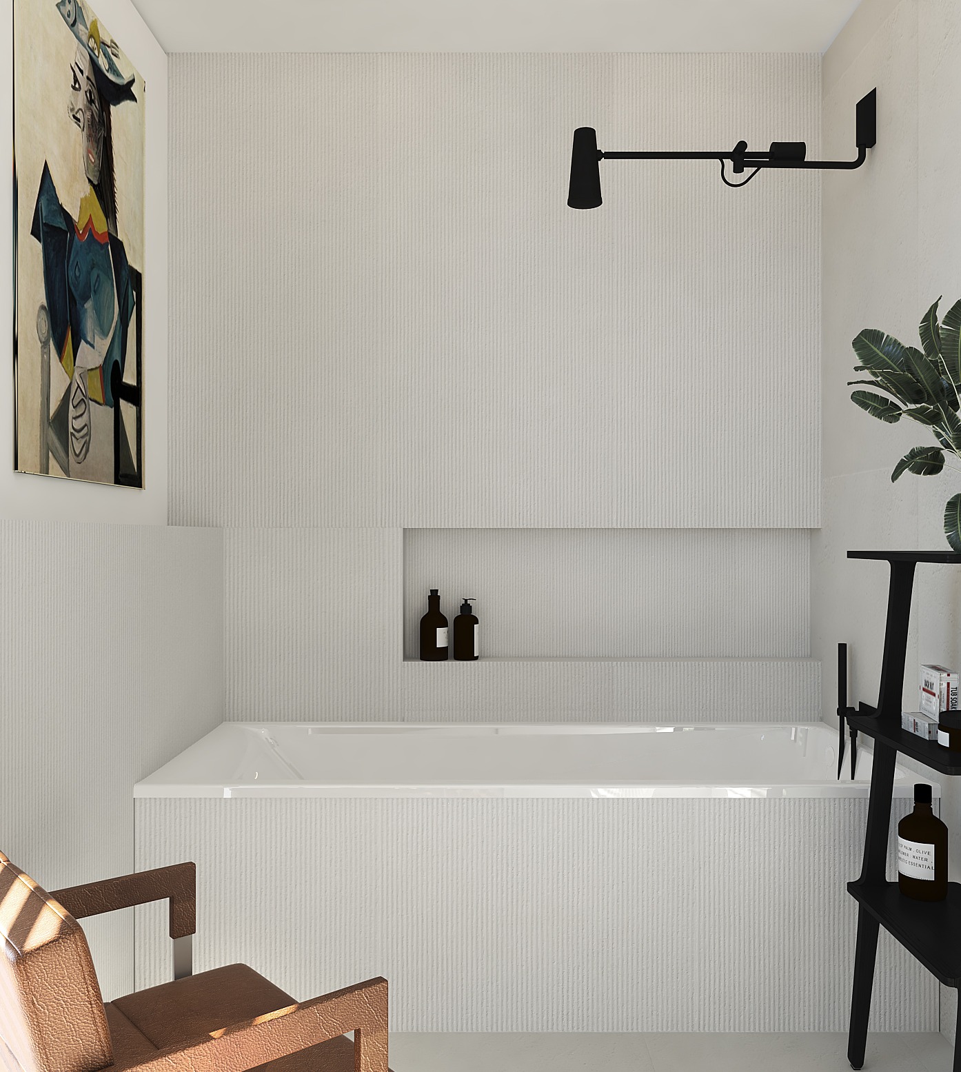 Minimalistyczna łazienka z białą wanną, czarną lampą i półką na kosmetyki. Obraz w stylu Picassa dodaje charakteru. Krzesło i roślina ożywiają wnętrze.