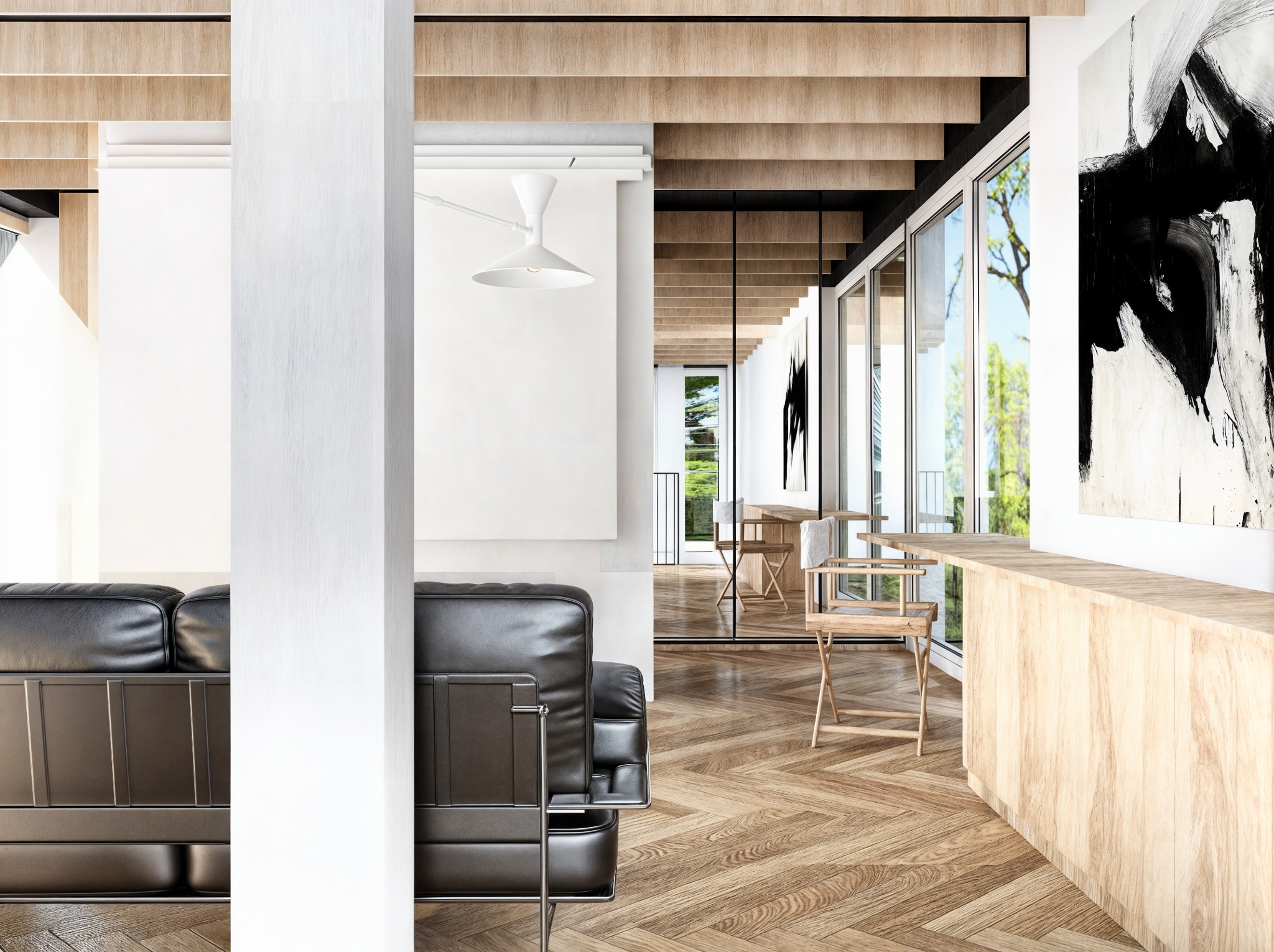 Nowoczesne wnętrze z parkietem w jodełkę, czarną skórzaną sofą i minimalistycznym oświetleniem. Duże okna wpuszczają naturalne światło, a abstrakcyjny obraz dodaje charakteru.