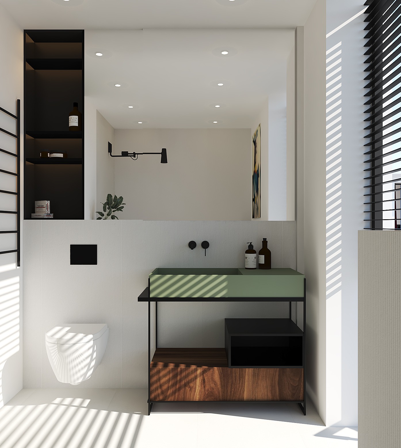 Nowoczesna łazienka z zieloną umywalką na czarnym stelażu, drewnianą szafką i wiszącą toaletą. Minimalistyczny design, białe ściany z subtelną fakturą i naturalne światło.