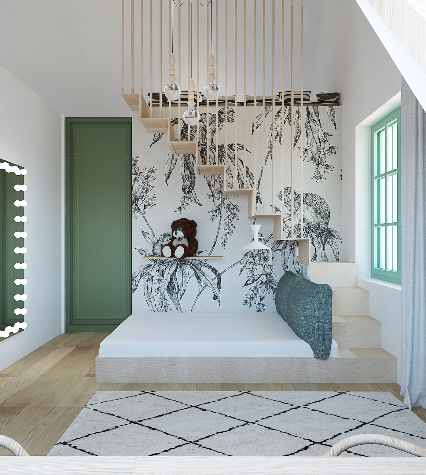 Pokój dziecięcy z łóżkiem na podeście, schodami i tapetą w motywy roślinne i zwierzęce. Drewniane elementy, zielone akcenty i dywan w geometryczny wzór.
