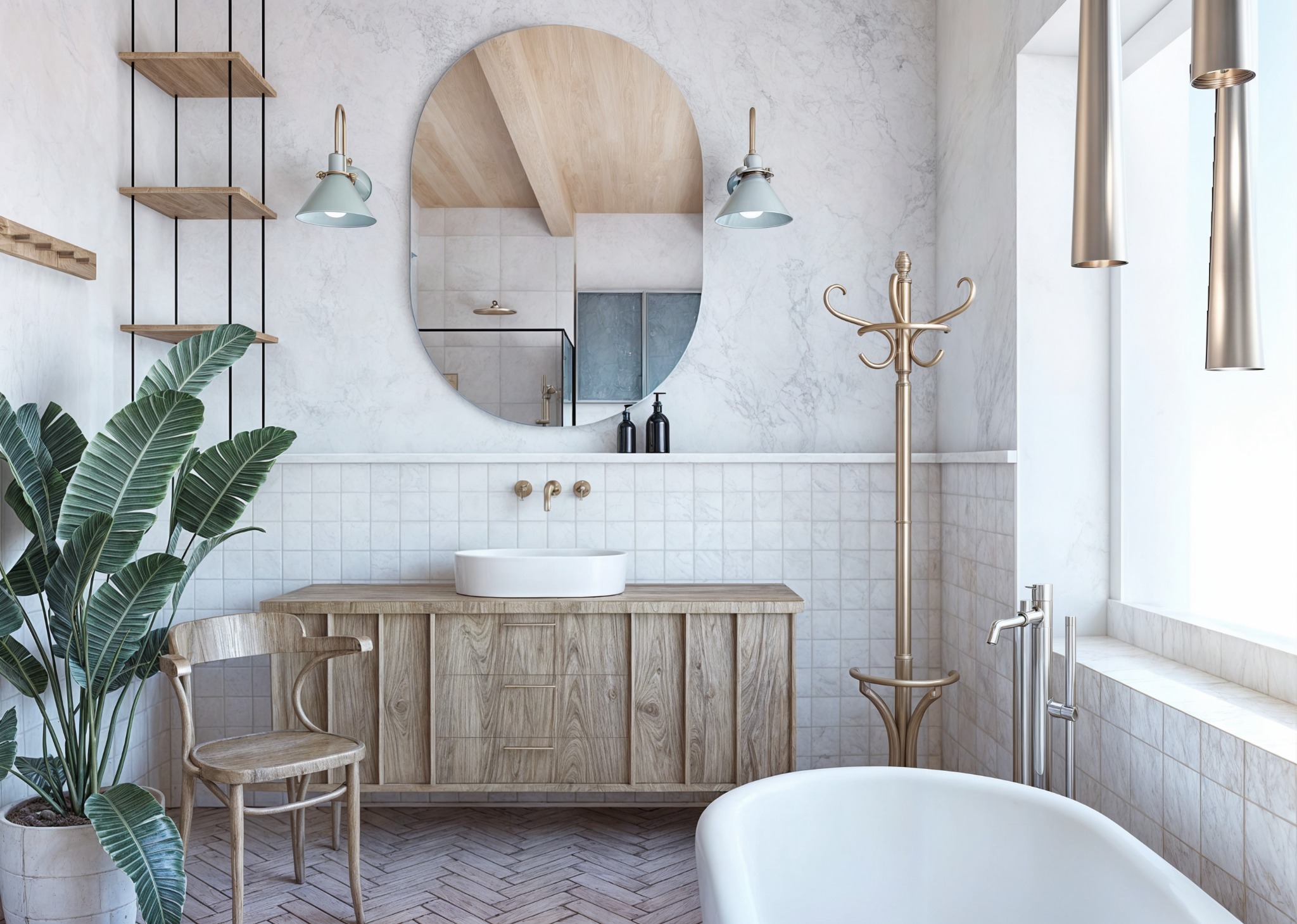 Jasna łazienka w stylu skandynawskim z drewnianymi akcentami: szafka pod umywalką, okrągłe lustro, płytki imitujące marmur i egzotyczna roślina w donicy.