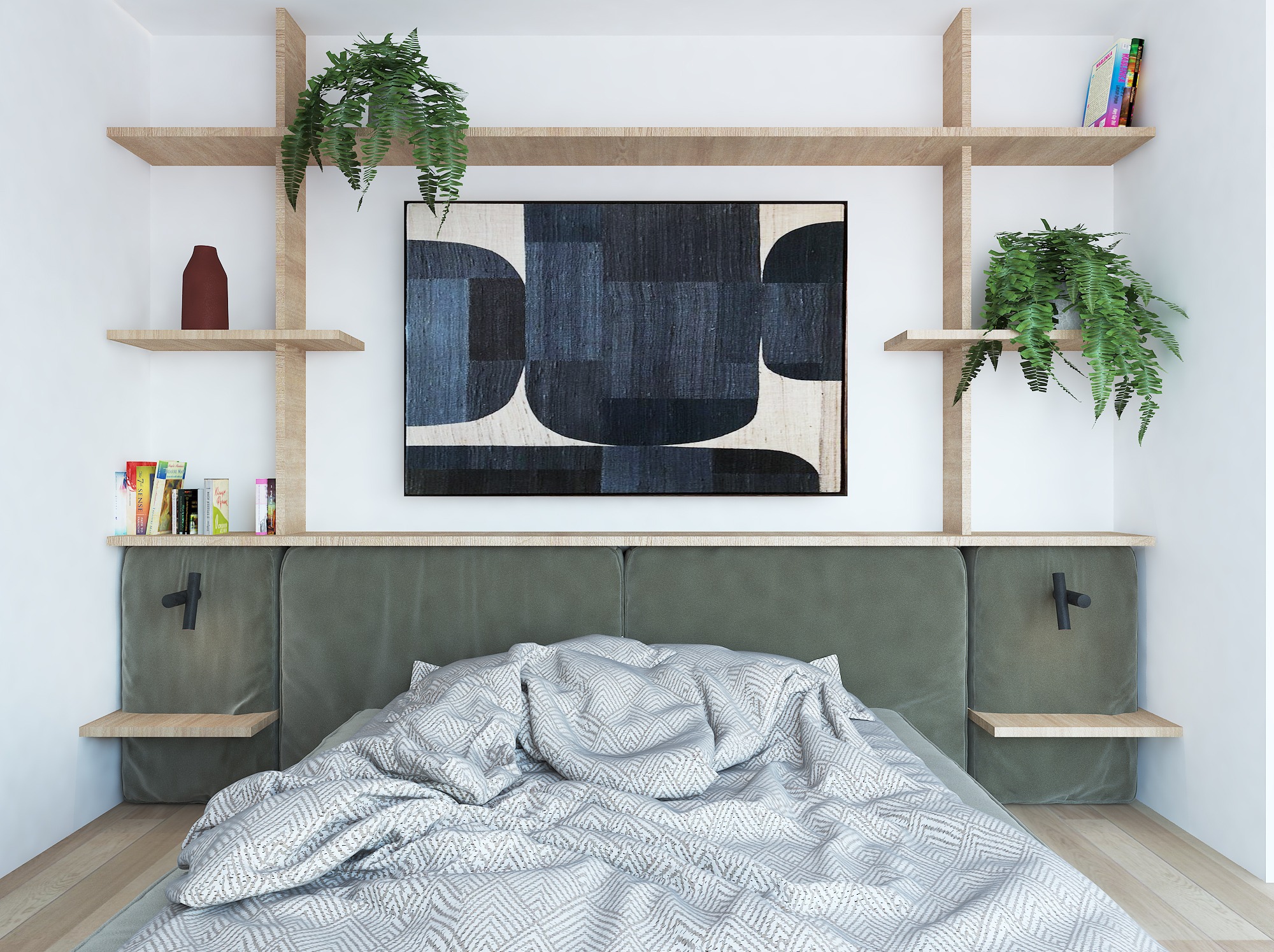 Nowoczesna sypialnia z łóżkiem, zielonym zagłówkiem i drewnianymi półkami. Na ścianie abstrakcyjny obraz w czarnej ramie. Rośliny doniczkowe dodają świeżości.