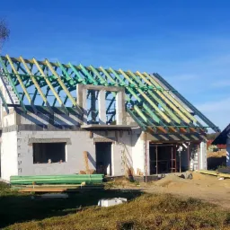 Surowy stan domu murowanego z widoczną konstrukcją dachu z zielonych i żółtych belek, na szczycie dachu rośnie małe drzewko, w tle drugi dom.