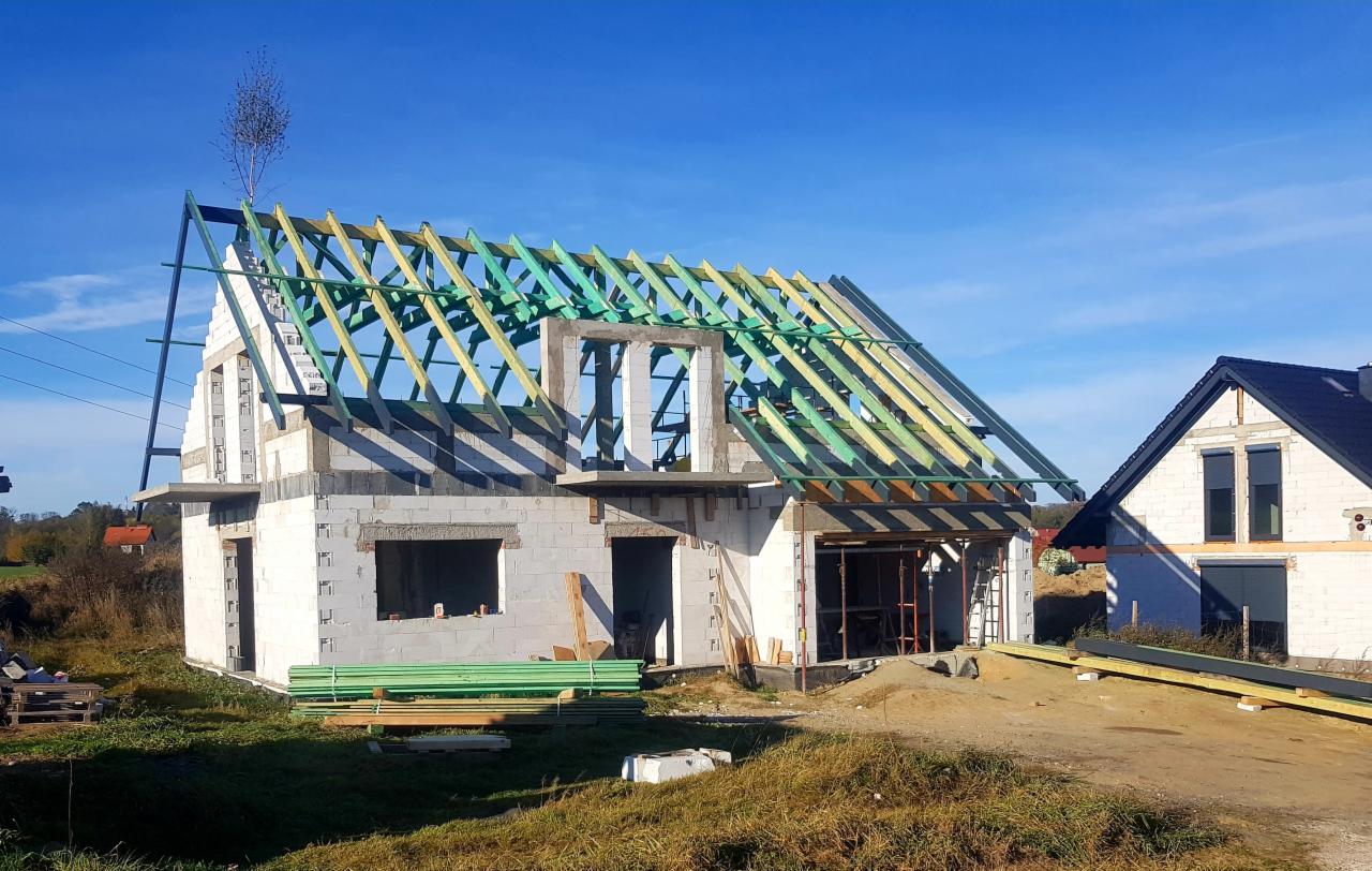 Surowy stan domu murowanego z widoczną konstrukcją dachu z zielonych i żółtych belek, na szczycie dachu rośnie małe drzewko, w tle drugi dom.