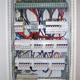 Otwarta skrzynka rozdzielcza z licznymi bezpiecznikami, przewodami w kolorach niebieskim, czerwonym, brązowym i żółto-zielonym, zamontowana w białej obudowie.